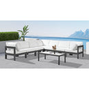  Meridian Nizuc 120" White Water Resistant Fabric Upholstered 7 pc Outdoor Patio Modular Sectional IMAGE 2