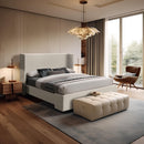  Color_Beige/ Black  Size_King  -- Oxford Beige Linen Textured Fabric Upholstered King Bed IMAGE 2